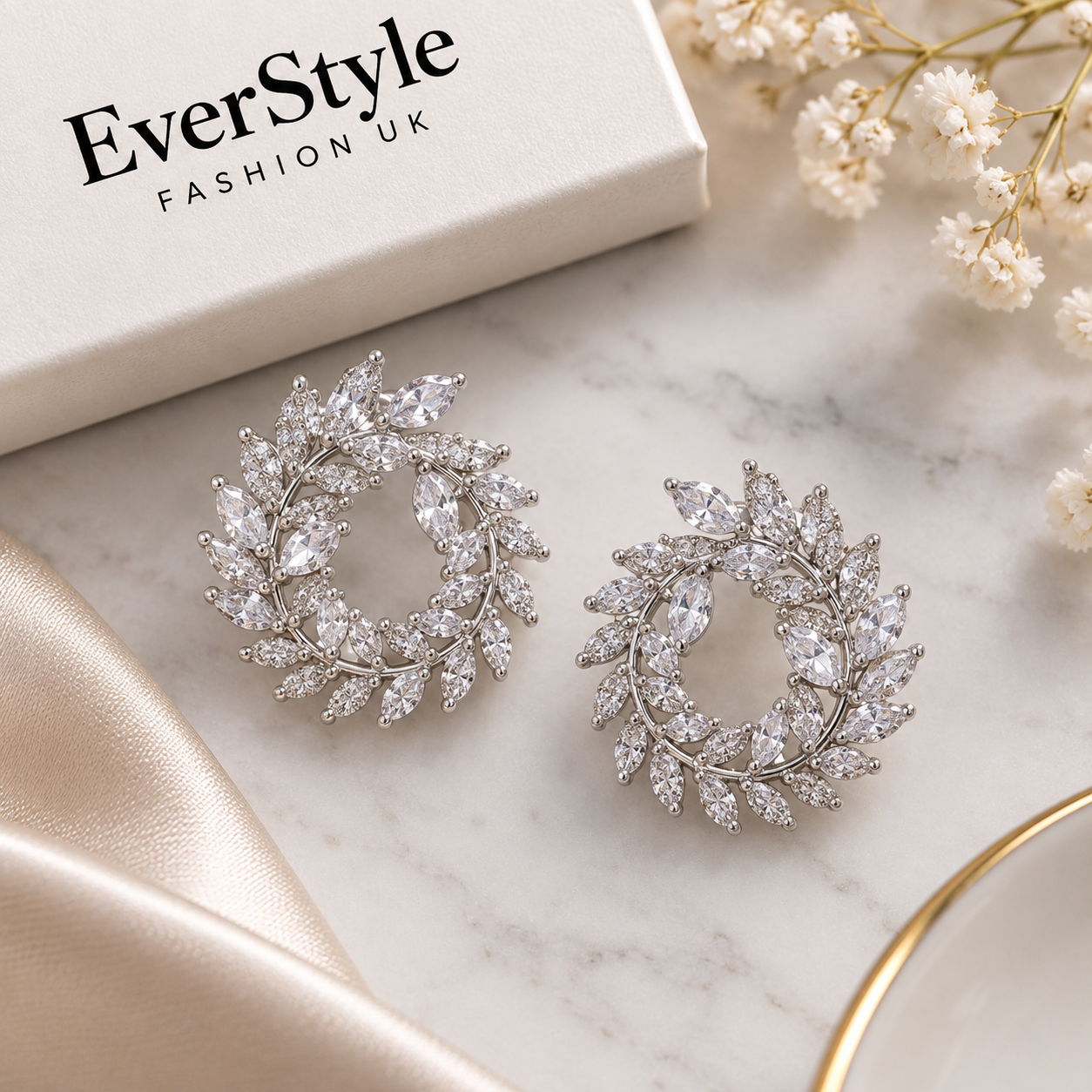 Silver crystal leaf wreath stud earrings