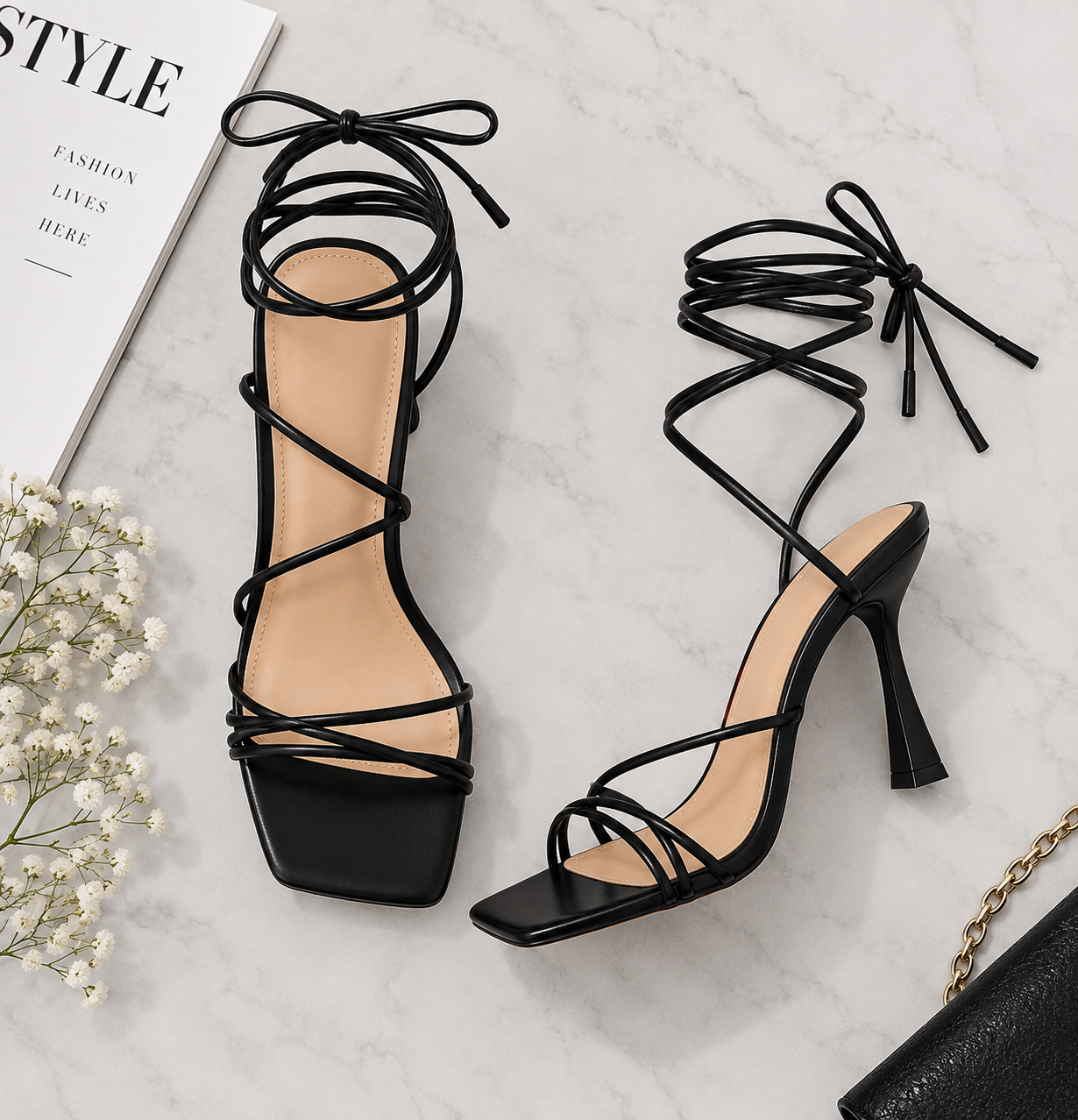 Black strappy lace-up heeled sandals