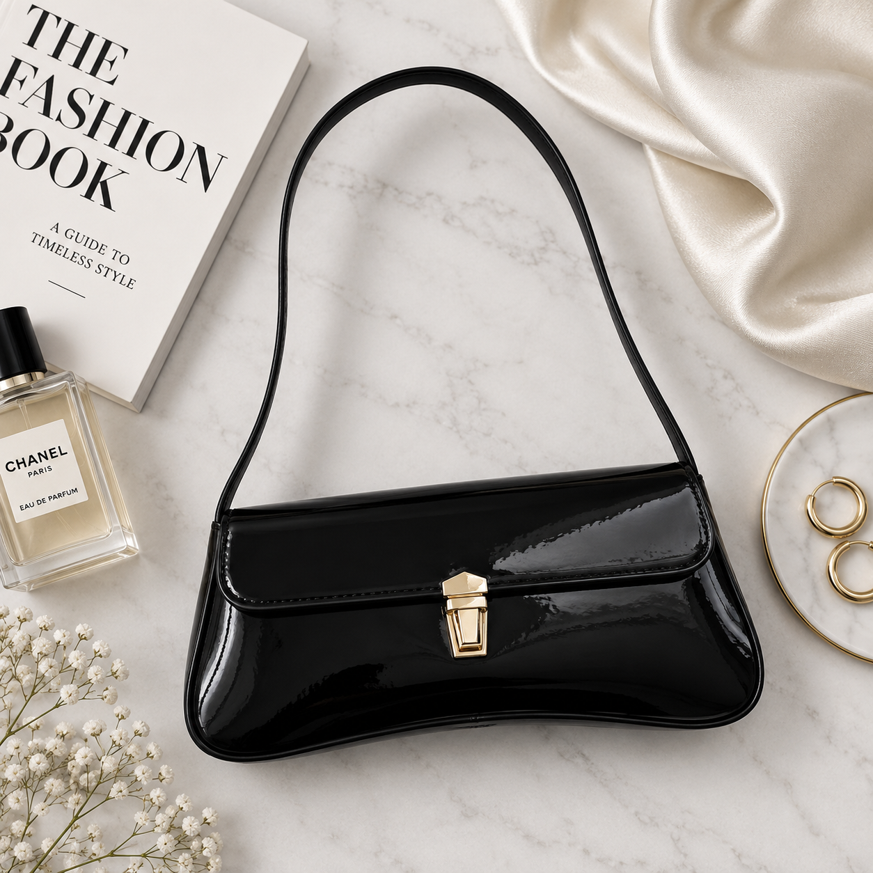Black patent structured shoulder bag with gold clasp