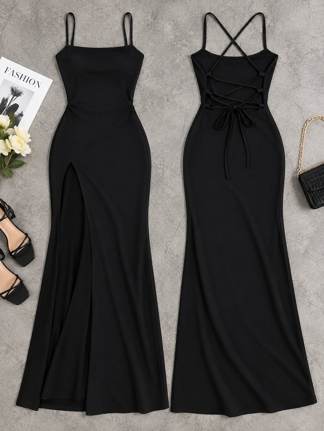 Elegant black maxi dress with a slim fit, high slit and cross-back tie-up design